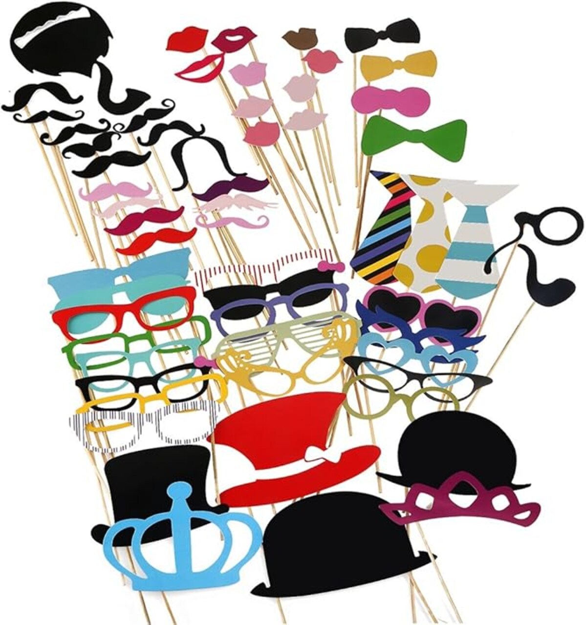 60-Piece Photo Booth Props DIY Kit – Wedding, Birthday & Family Reunion Party Favors – Includes Mustaches on a Stick, Hats, Glasses, Bowties & Lips – Fun Dress-Up Accessories for Kids & Adults – Premium Party Decorations